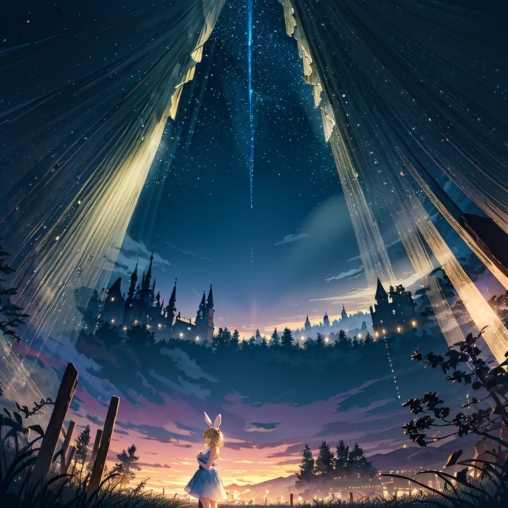 Fantasy world, eyes shine like searchlights in the darkness of the night, blonde hair, girl hugging a rabbit, healing, woman dressed as Alice in Wonderland, bare shoulders, side breasts, light and darkness, artistic Memorable masterpiece, historical moment, (fantastic and enchanting landscape) watercolor: 1.3, delicate, detailed, masterpiece, intricate line drawing