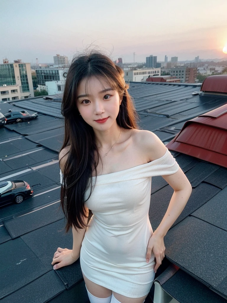 (1 Korean star with royal sister style), ((Best quality, 8k, Masterpiece: 1.3)), focal point: 1.2, Perfect body proportions: 1.4, (Make a smile), (Sunset: 1.3),  Watery eyes, highly detailed face and skin textures, Fine eyes, Double eyelids, Whitens the skin, (long haired, Air bangs: 1.3), (Round face inches: 1.5), (Off shoulder dress: 1.4), (standing on rooftop: 1.6),(white stocking: 1.4),(film grain style:1.3)，a sense of atmosphere
