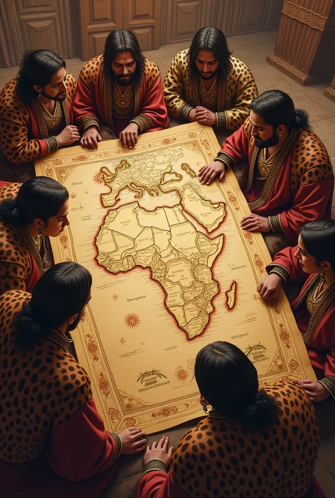 A detailed map showing the expansion of Ngungunhane's empire, held by advisors. The map is decorated with tribal symbols and marks the growing territory. The advisors are dressed in robes made of leopard skin, looking at the map with pride and strategy."