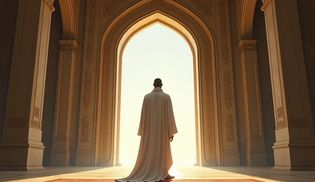 A man wearing a white robe. Standing in front of a door inside the Caliph's palace. Camera angle behind the man
