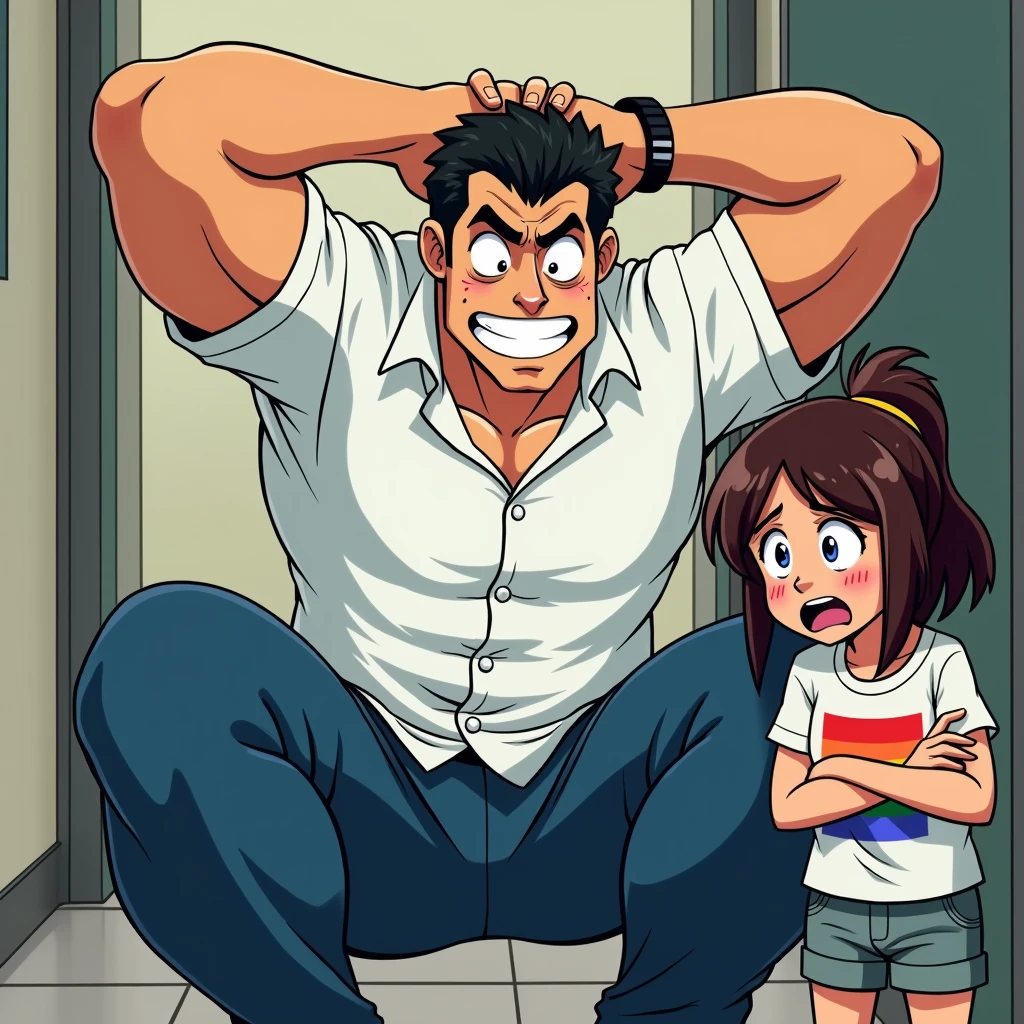anime art, marvel art, a IRANIAN 46-years old male wearing white button up shirt and tight blue pants, he’s squatting down with both hands behind his head, showing off sweaty armpits, big bulge, sweaty, slight smile. He’s squatting down behind a sad female wearing lgbt shirt, she’s scared and sad. He’s behind her, squatting behind her. He’s slightly happy behind her