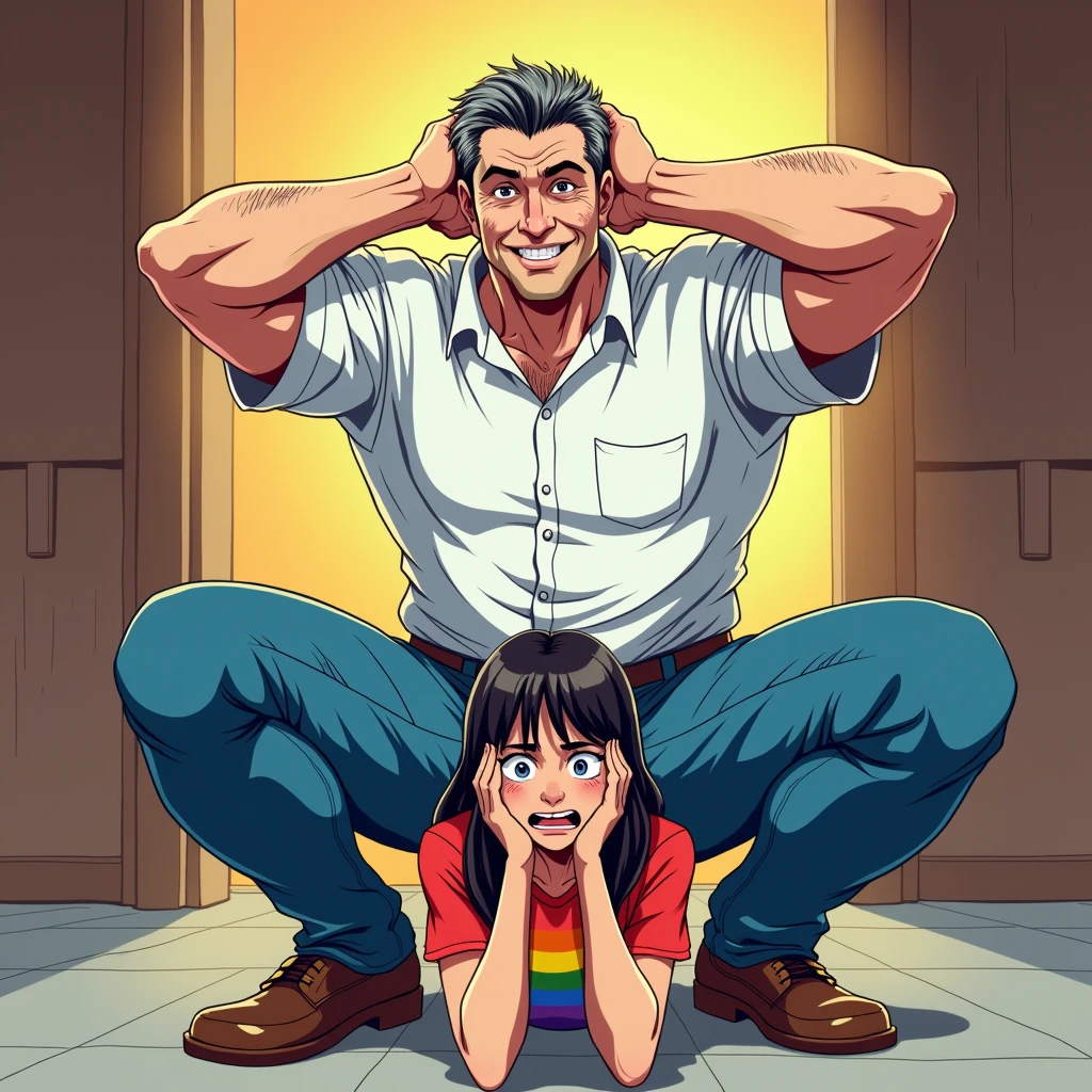 anime art, marvel art, a IRANIAN 46-years old male wearing white button up shirt and tight blue pants, he’s squatting down with both hands behind his head, showing off sweaty armpits, big bulge, sweaty, slight smile. He’s squatting down behind a sad female wearing lgbt shirt, she’s scared and sad. He’s behind her, squatting behind her. He’s slightly happy behind her 