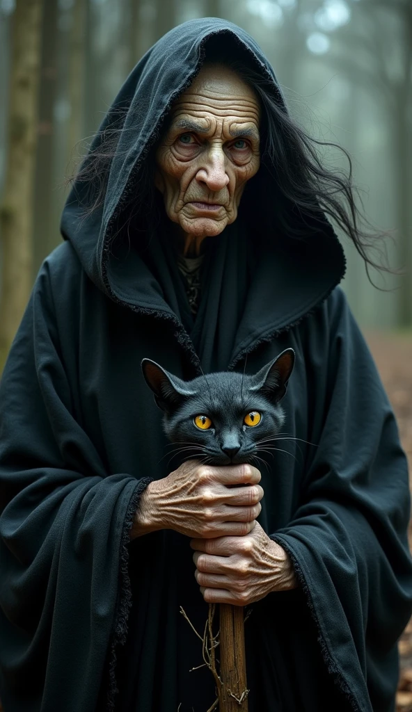 The portrait features an elderly witch draped in a black outfit, adorned with a whimsical cat face and a flowing black wig. Her deeply wrinkled skin and gaunt features convey a lifetime of arcane wisdom and dark magic. Her sharp, penetrating eyes, shadowed beneath heavy brows, radiate a menacing intensity. The black cloak, tattered and draped over her fragile frame, flutters as though stirred by unseen forces. Her gnarled hands, poised with a mystical staff, hint at her transformation into a werewolf, adding a layer of dark, supernatural power. The witch’s demeanor, a blend of Granny Weatherwax’s sternness and Maya Ali’s storm sorcerer elegance, captures a chilling yet captivating aura of ancient, formidable magic.