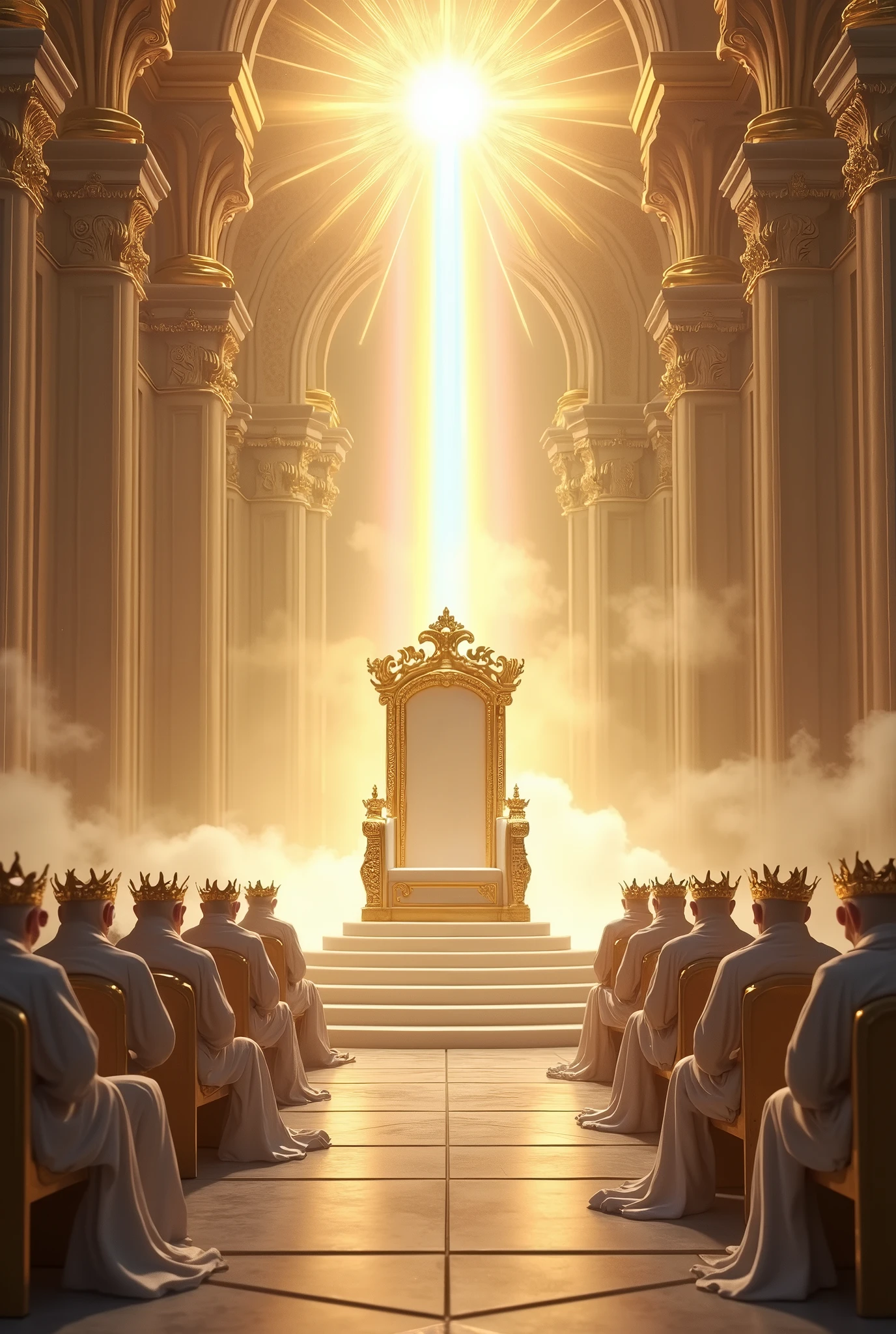 Imagine an empty throne in the middle of a temple in heaven. On top of that empty throne is a rainbow, and around that throne there are 24 smaller thrones, with 24 elders seated in them, These elders wear golden crowns and dress in white.