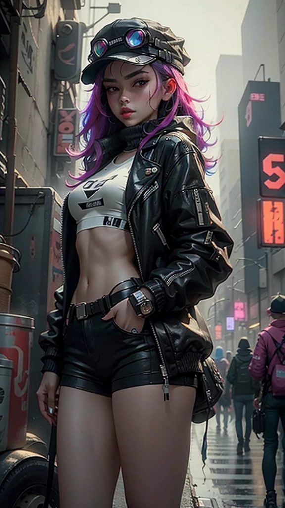 beautiful woman meDium hair, wearing cap, cyberpunk style short clothes