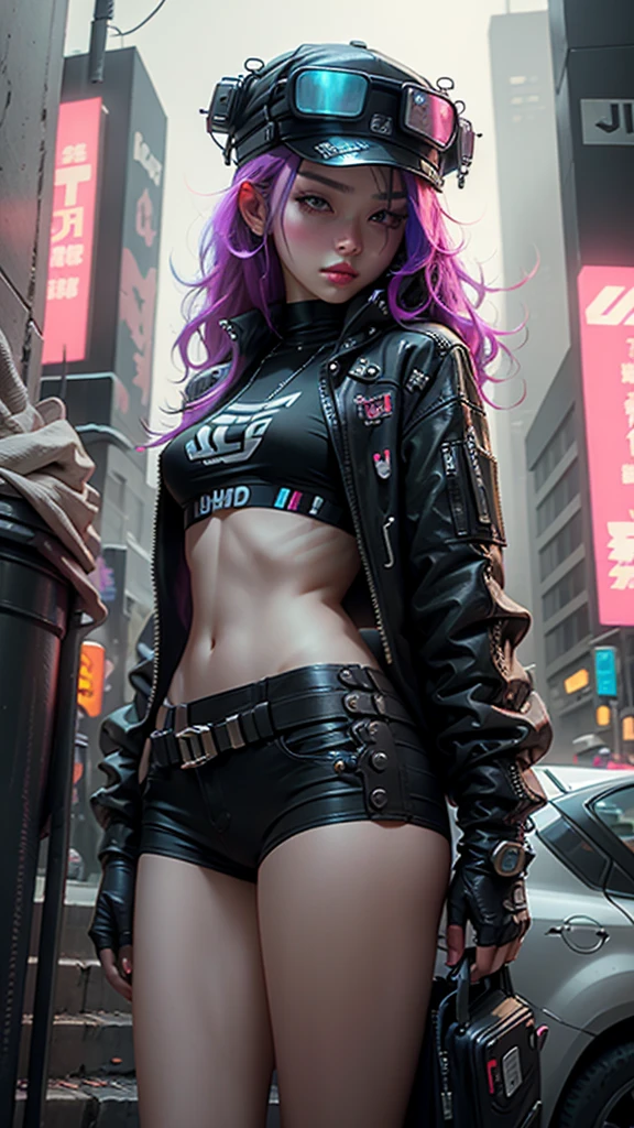 beautiful woman meDium hair, wearing cap, cyberpunk style short clothes