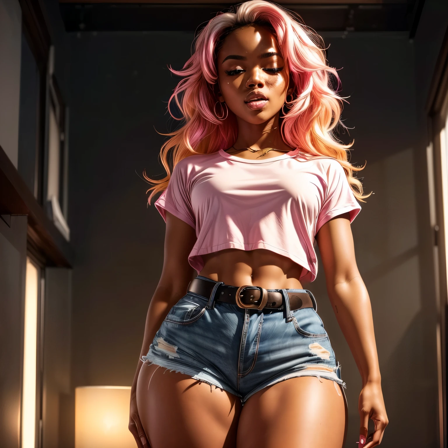 in classroom, (1), (dark skin), dark skin, wide shot, blond hair, orgasm, (white button down top, pink shorts with belt), (Masterpiece, Professional lighting, 16k, 8k wallpaper, raw photo, photorealistic:1.8, ultra detailed, natural lighting, detailed skin sexy pose, open mouth, big lips, night time, eyes closed, magic energy, neon light, orgasm, screaming, thick thighs, ((slim thick body:1.2)),