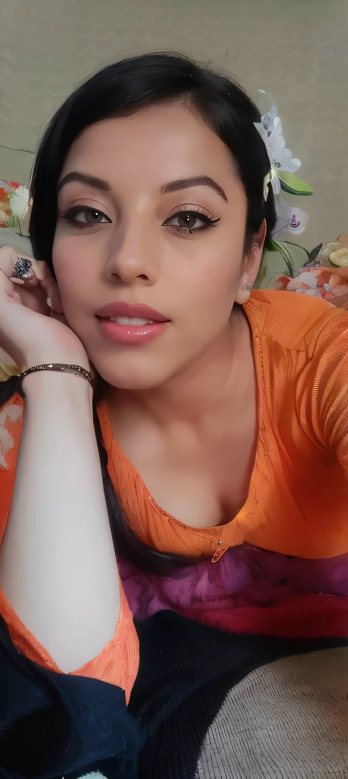 there is a woman laying on a bed with a cat, 3 0 years old woman, 30 years old woman, beuatiful face, with a beautifull smile, nivanh chanthara, with accurate face, profile image, alanis guillen, lorena avarez, very very low quality picture, 2 , lovely woman