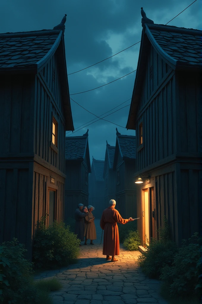 **Prompt**: "Every Tuesday at exactly 7:15 PM, villagers are seen opening the smaller door of their homes. The scene shows a synchronized action across the village, where each household carefully unlocks the small door. The sky is darkening, and an air of mystery fills the scene."
