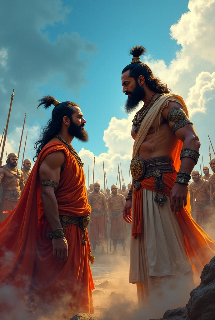 Arjuna's internal conflict about fighting his kin was resolved by Lord Krishna's divine counsel in the Bhagavad Gita, leading to Arjuna's realization of his duty and his resolve to fight. Make it cartoon but adult