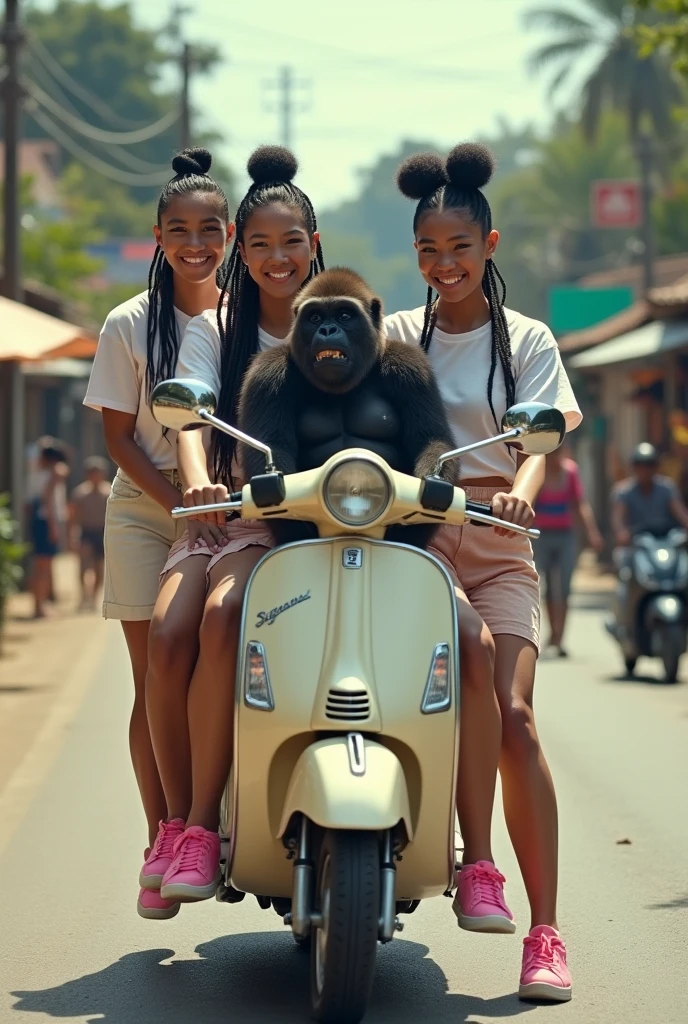 4 beautiful japan women, white skin, long dreadlocks in a bun, wearing T-shirts, trousers, wearing pink sneakers, smiling faces, riding a Vespa pillion while carrying a gorilla in front, on a village road, busy with people, aestetic, minimally disabled, very detailed, realistic