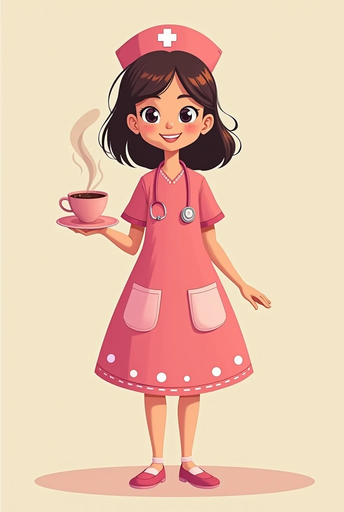 Nurse with coffee cartoon pink dress