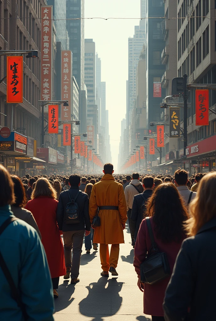 Crowd of people walking on the street and a man in the middle standing out