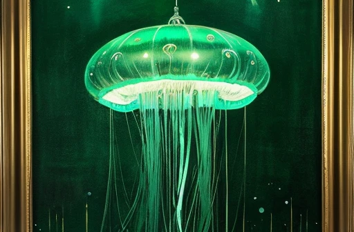 very large,one jellyfish,monochrome,old painting,emerald green background,Rantan,space,midlle ages