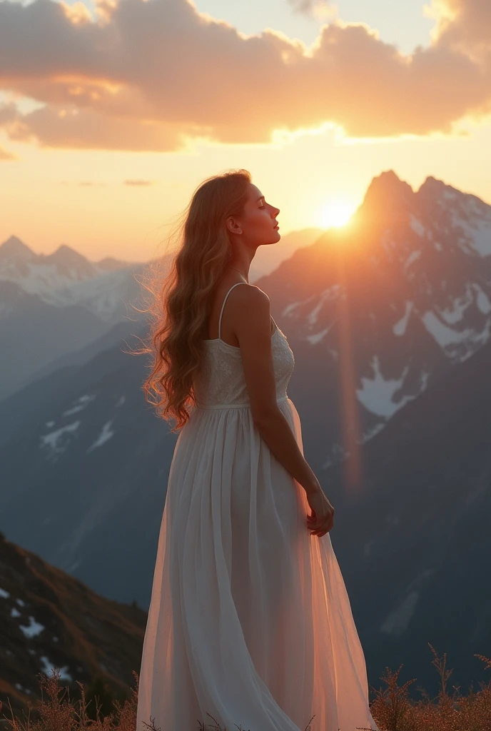 A beautiful woman stands on the mountains at sunrise.  you can see her face. 