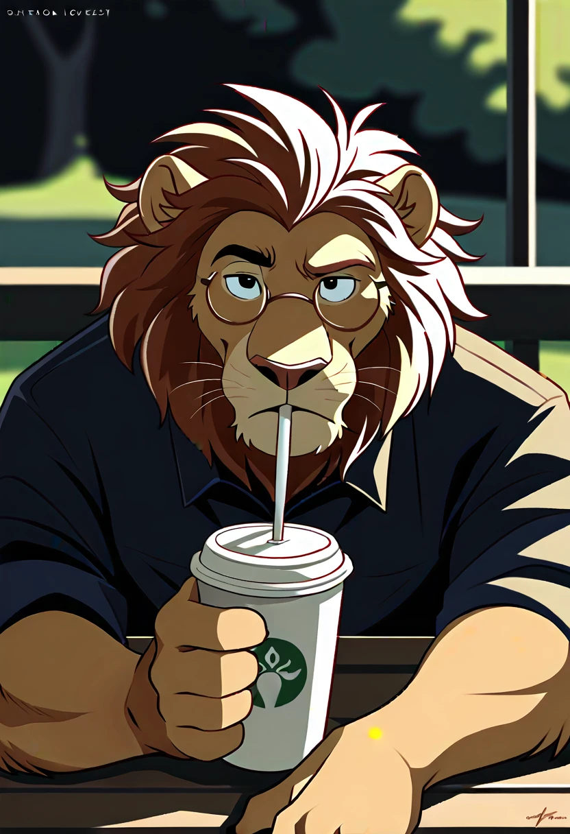 ultra detailed face, high details, anthro lion, ((white-grey lion)) 4k, high resolution, best quality, posted on e621, solo, anthro body, male, adult, masculine, , correct anatomy, (icon), (blurry background, out-of-focus background:1.2), (by takemoto arashi:1.0), (by wfa:1), (by Taran Fiddler:0.5), (by Bontiage), old, (cel shaded, cartoony shading:1.2), good eyes, balanced eyes, black lineart, black outline, flat coloring, (strong shadows, dark shadows:1.2), on a bench chair in the park, (upperbody:1.4), center, drinking coffee, wearing an old glasses, first person perspective, standing, hand in pocket.