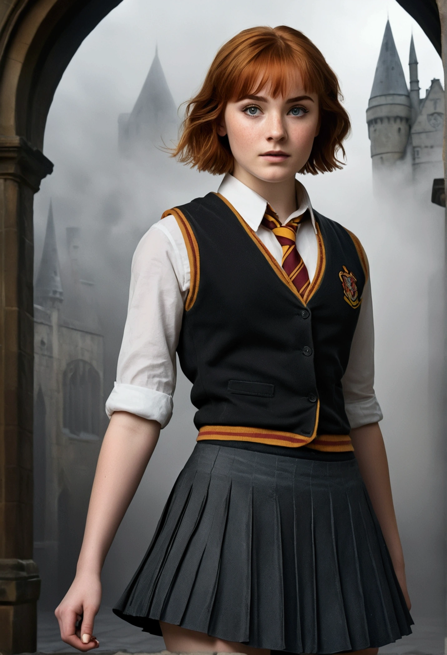 An illustrated movie poster, hand-drawn, full color, a teenage Hogwarts student, 18-years-old, female, wearing a charcoal vest and a pleated skirt, athletic hourglass figure, full wide hips, massive round butt, long shapely legs, ridiculously thick powerful thighs, vibrant eyes, deep dark auburn hair, punk pixie cut, flushed sun-kissed complexion, freckles, resembles Genevieve O'Reilly, standing in a foggy Hogwarts courtyard, surrounded by mist, graphite shading, stencil marks, airbrushed acrylic paint, masterpiece, close-up shot, in the style of the Deathly Hallows