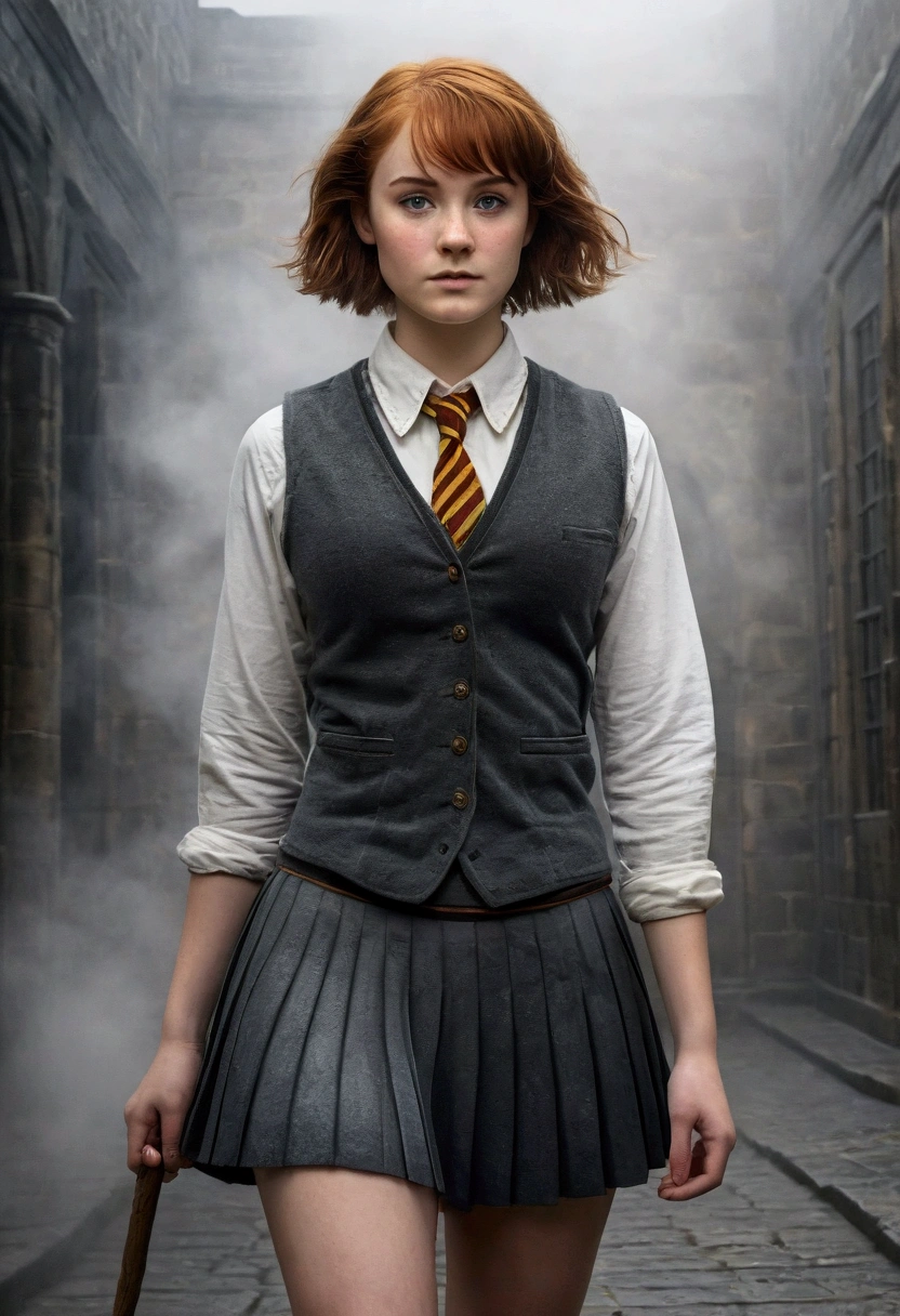 An illustrated movie poster, hand-drawn, full color, a teenage Hogwarts student, 18-years-old, female, wearing a charcoal vest and a pleated skirt, athletic hourglass figure, full wide hips, massive round butt, long shapely legs, ridiculously thick powerful thighs, vibrant eyes, deep dark auburn hair, punk pixie cut, flushed sun-kissed complexion, freckles, resembles Genevieve O'Reilly, standing in a foggy Hogwarts courtyard, surrounded by mist, graphite shading, stencil marks, airbrushed acrylic paint, masterpiece, close-up shot, in the style of the Deathly Hallows