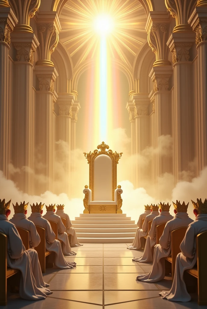Imagine an empty throne in the middle of a temple in heaven. On top of that empty throne is a rainbow, and around that throne there are 24 smaller thrones, with 24 elders seated in them, These elders wear golden crowns and dress in white.
