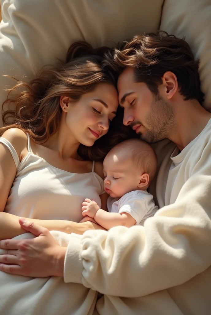 A mother with her baby son and her husband sleep together in a foam without bed