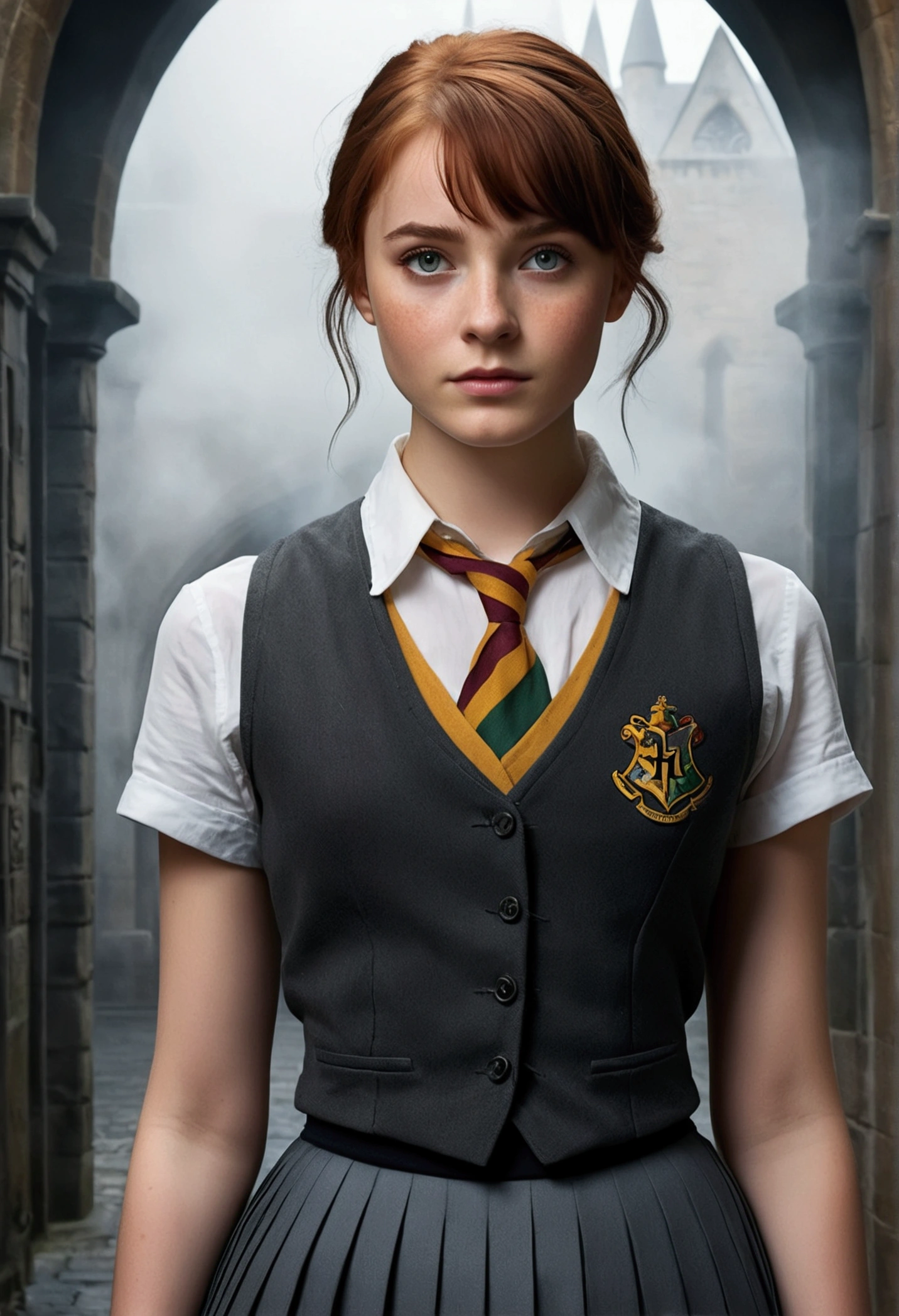 An illustrated movie poster, hand-drawn, full color, a teenage Hogwarts student, 18-years-old, female, wearing a charcoal vest and a pleated skirt, athletic hourglass figure, full wide hips, massive round butt, long shapely legs, ridiculously thick powerful thighs, vibrant eyes, deep dark auburn hair, punk pixie cut, flushed sun-kissed complexion, freckles, resembles Genevieve O'Reilly, standing in a foggy Hogwarts courtyard, surrounded by mist, graphite shading, stencil marks, airbrushed acrylic paint, masterpiece, close-up shot, in the style of the Deathly Hallows 