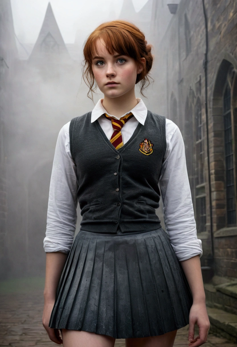 An illustrated movie poster, hand-drawn, full color, a teenage Hogwarts student, 18-years-old, female, wearing a charcoal vest and a pleated skirt, athletic hourglass figure, full wide hips, massive round butt, long shapely legs, ridiculously thick powerful thighs, vibrant eyes, deep dark auburn hair, punk pixie cut, flushed sun-kissed complexion, freckles, resembles Genevieve O'Reilly, standing in a foggy Hogwarts courtyard, surrounded by mist, graphite shading, stencil marks, airbrushed acrylic paint, masterpiece, close-up shot, in the style of the Deathly Hallows 