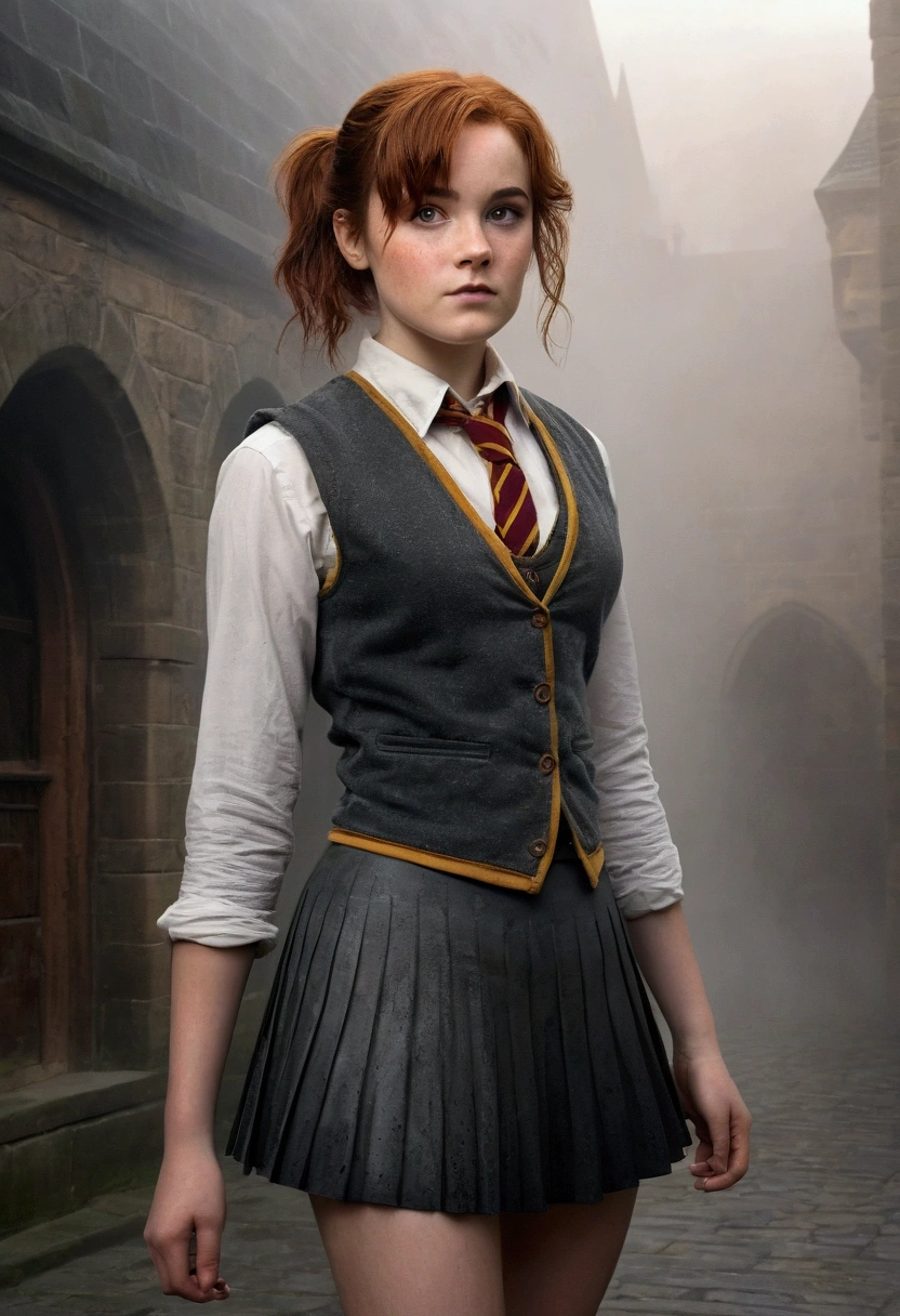 An illustrated movie poster, hand-drawn, full color, a age Hogwarts student, 18-years-old, female, wearing a charcoal vest and a pleated skirt, athletic hourglass figure, full wide hips, massive round butt, long shapely legs, ridiculously thick powerful thighs, vibrant eyes, deep dark auburn hair, punk pixie cut, flushed sun-kissed complexion, freckles, resembles Genevieve O'Reilly, standing in a foggy Hogwarts courtyard, surrounded by mist, graphite shading, stencil marks, airbrushed acrylic paint, masterpiece, close-up shot, in the style of the Deathly Hallows
