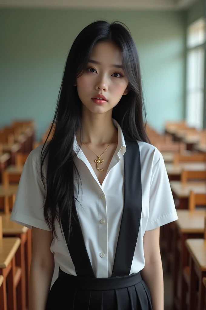 Beautiful girl with smooth skin, black hair, dark eyeshadow, Gold pendant (Beautiful, C shape), Wearing Thai student uniform, White short sleeve shirt, Black short sleeve shirt match, The perfect fit, Standing and posing in the classroom. The background is a classroom., Student desks and chairs. The most realistic image.