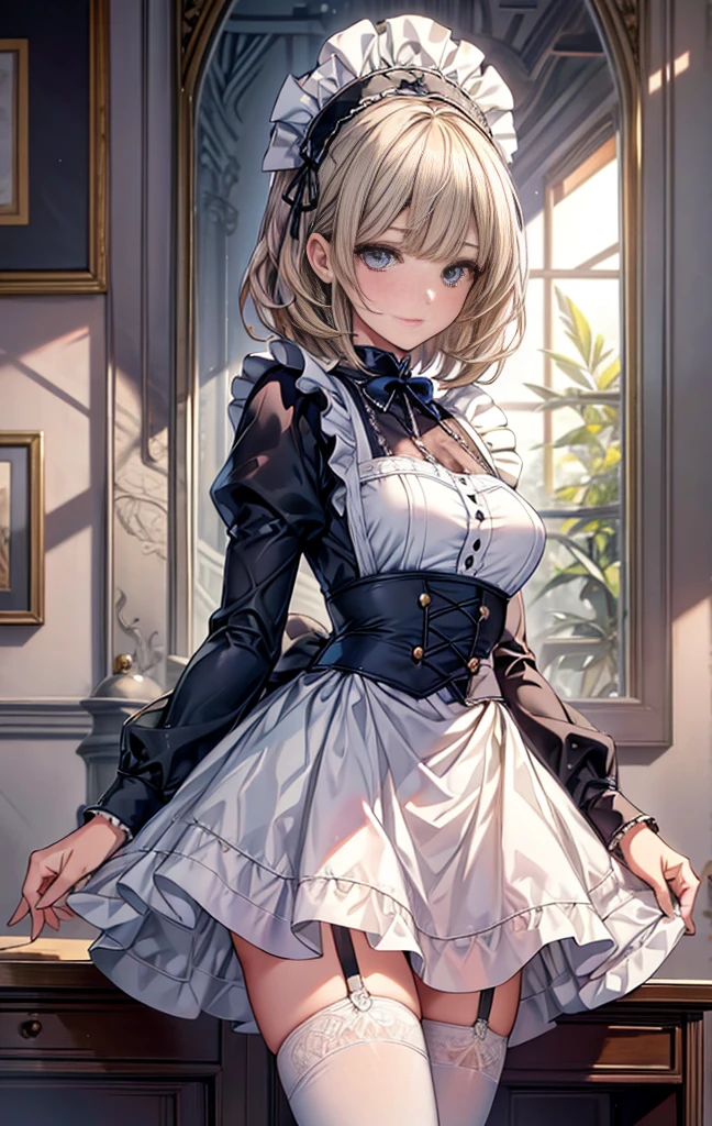 ((top quality)),(Super high resolution),(super detailed face),(detailed description),((best anime)),(best work of art),sharp, super precision art, amazing art of depiction,The beauty of intricate and meticulous details:1.3, ((woman:1.5)), clear shining eyes, very detailed, high quality, masterpiece, beautiful, alone, 1 girl, nevin, maid, maid headdress, maid apron, mini skirt, garter belt,
