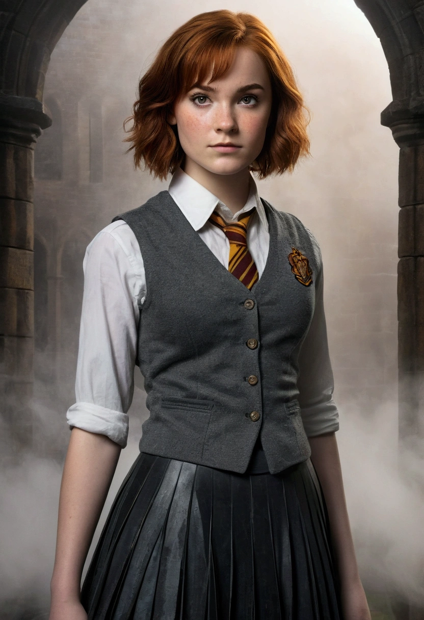 An illustrated movie poster, hand-drawn, full color, a teenage Hogwarts student, 18-years-old, female, wearing a charcoal vest and a pleated skirt, athletic hourglass figure, full wide hips, massive round butt, long shapely legs, ridiculously thick powerful thighs, vibrant eyes, deep dark auburn hair, punk pixie cut, flushed sun-kissed complexion, freckles, resembles Genevieve O'Reilly, standing in a foggy Hogwarts courtyard, surrounded by mist, graphite shading, stencil marks, airbrushed acrylic paint, masterpiece, close-up shot, in the style of the Deathly Hallows