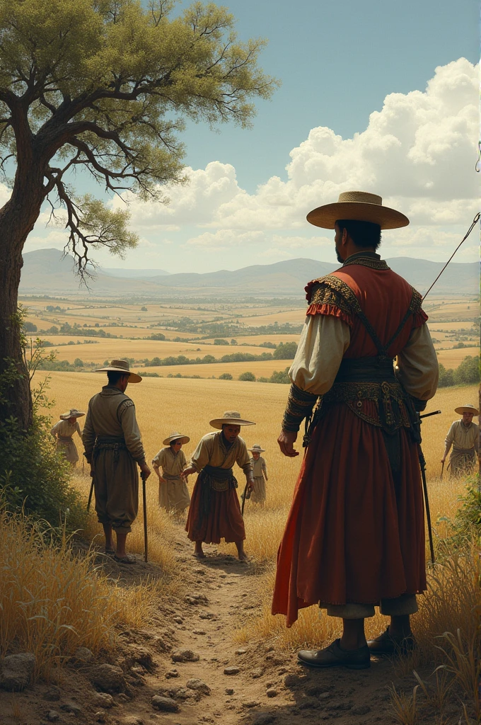 Some peasants working the land and a rich man watching them work