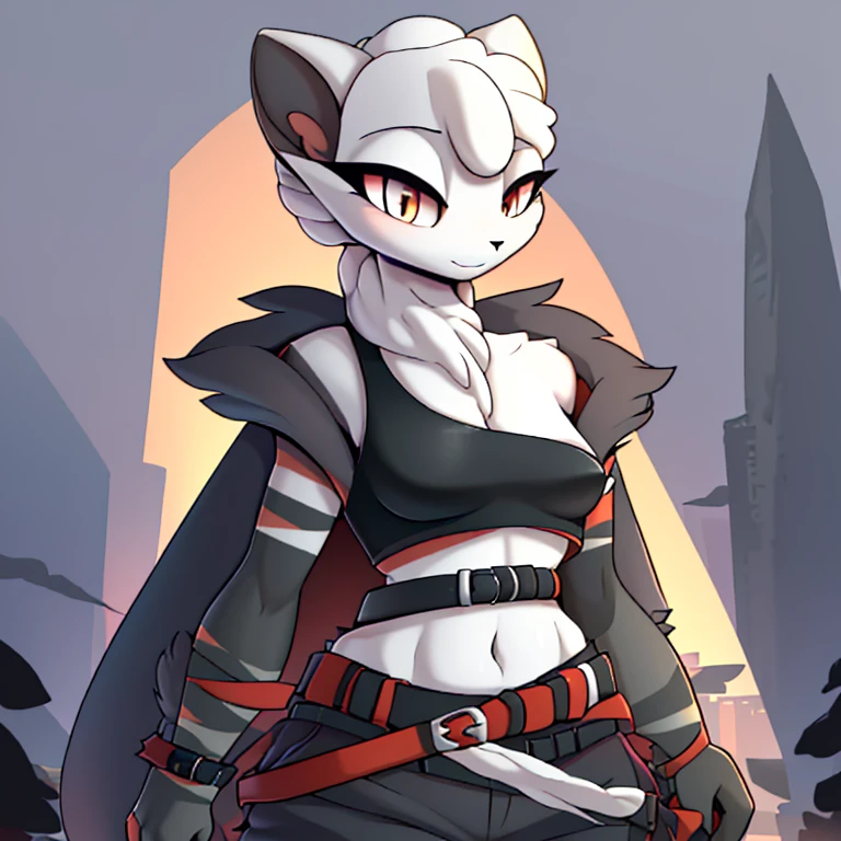 One, sfw, Young White Tiger Woman (((slender body))) (((big грудь))) (short muzzle),(((wool (Black Stripe) between the neck and shoulder to the chest))) ((wool (Black Stripes) on the waist))(ears are darker), (heterochromia (Orange, green)), (cat tail ), (White hair ), (fantasy adventure clothing ((red shirt (Crop top) (dark wool strips on the waist)), golden-gray cloak, (dark red belt) skirt and trousers)), graves ((I look at the viewer)) (detailed eyes) (split, (clavicle, shoulders), (One, (1 girl)) ((((fluffy white wool)))) ((extremely detailed wool)) (red Crop top)