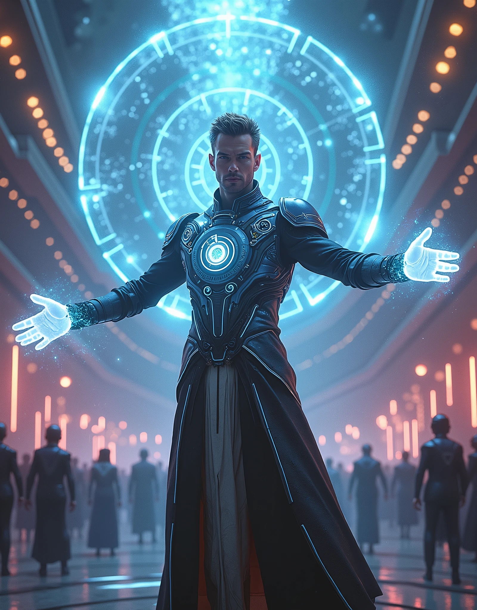 A futuristic male spellcaster wearing a streamlined, armored robe with holographic elements and glowing symbols. he's in a high-tech arena with advanced magical constructs and an audience of diverse futuristic beings.”