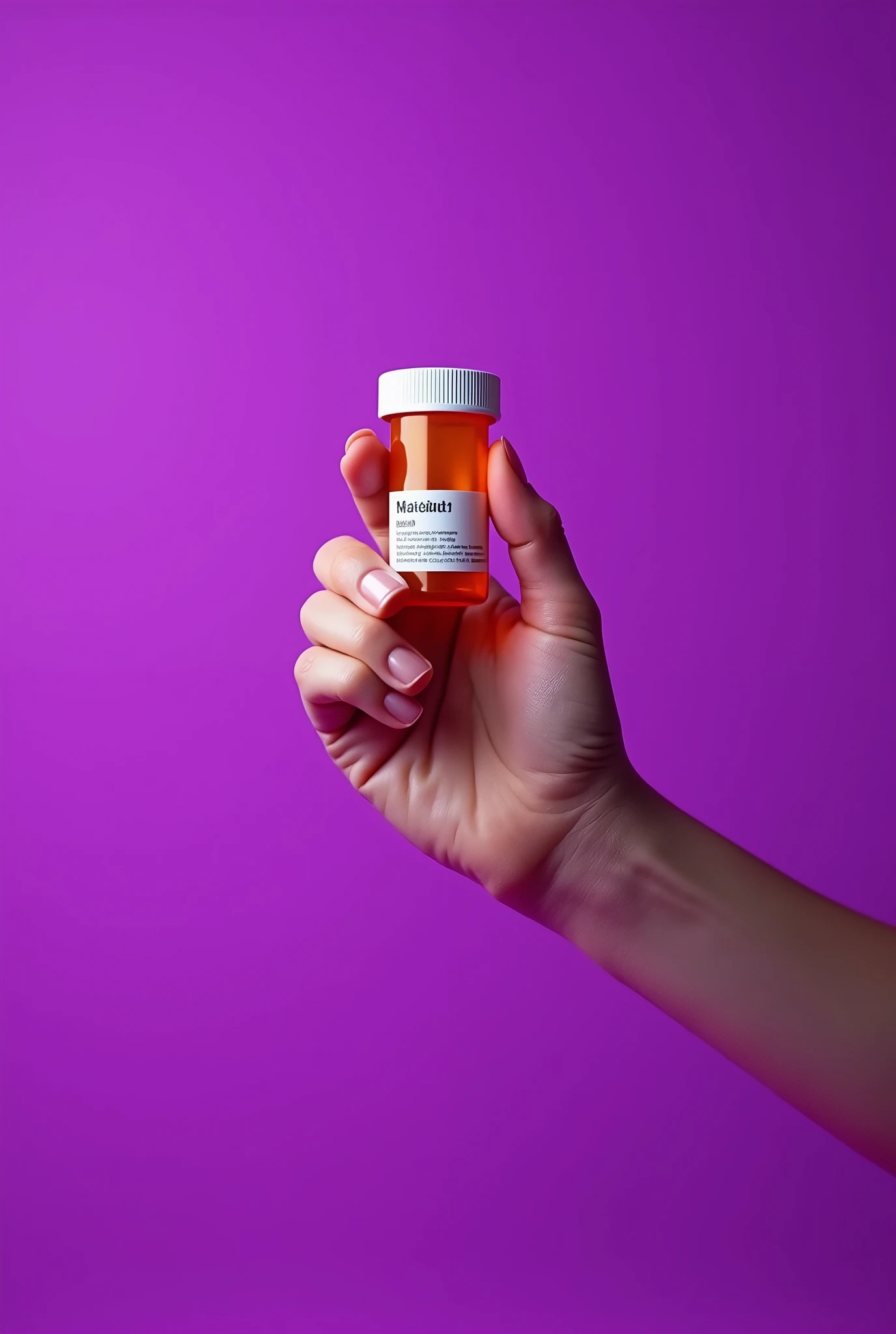 Make a hand holding a pill bottle purple background