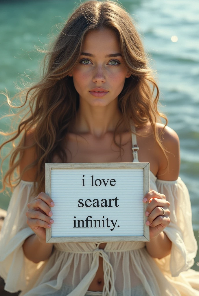 Beautiful girl with wavy long hair, bohemian dress, holding a white board with text "I Love Seaart Infinity" and showing it to the viewer