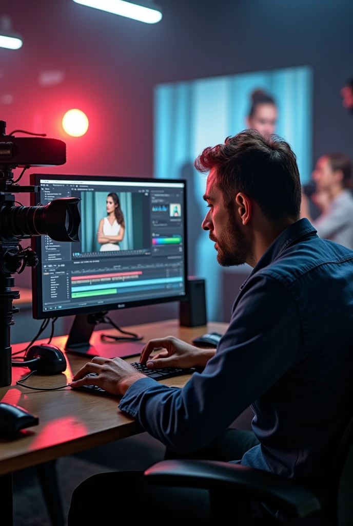 a video editor with professional camera and footage behind him; actress at work; backstage concept