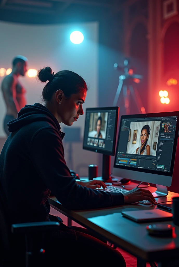 a video editor with professional camera and footage behind him; actress at work; backstage concept