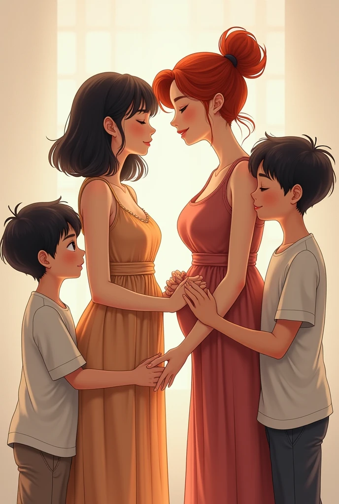 A black hair asian women wearing dress is holding hand with long red hair mature asian women age 3 with big breast wearing singlet and her two her sons besides her