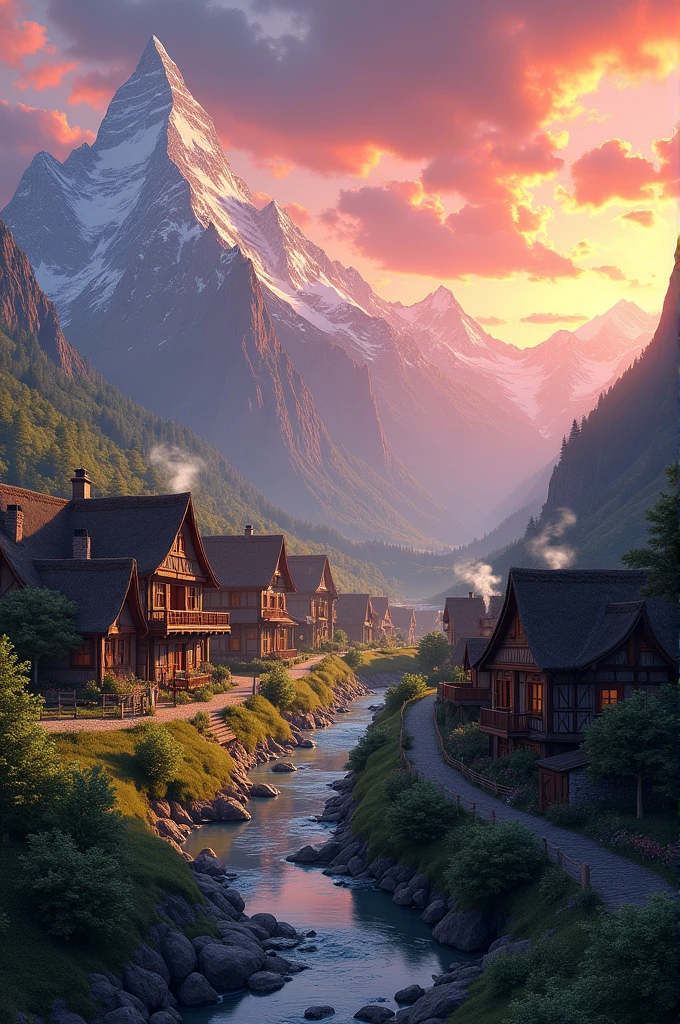 Mountain sunset village