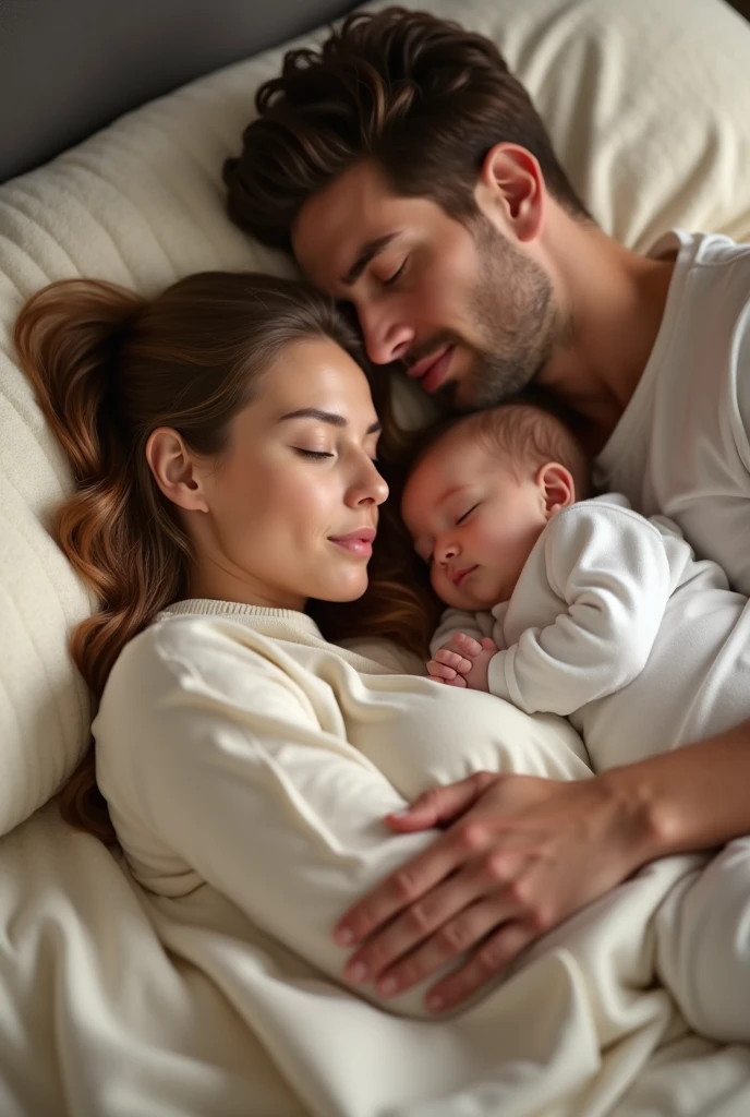 A mother with her  son and her husband sleep together in a foam without bed