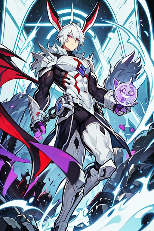 Robot Man, muscular, White hair, rabbit ears, Red hood, purple eyes, with scars en la cara, with scars, chains, metal wings, with big pecs 