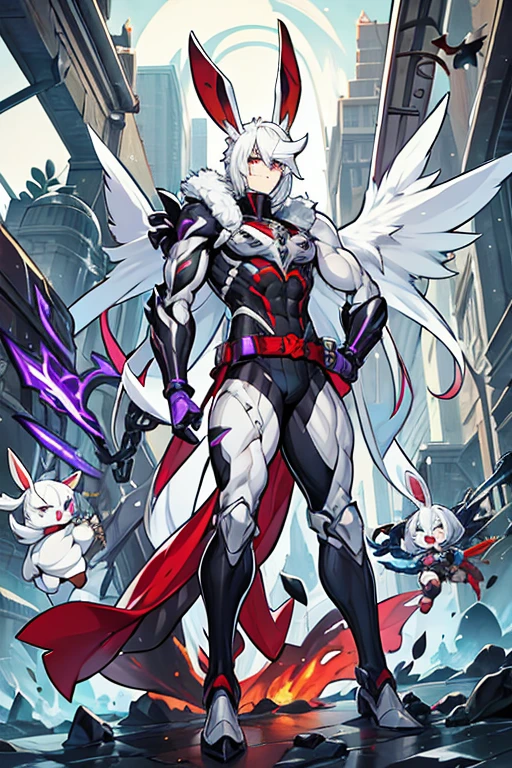 Robot Man, muscular, White hair, rabbit ears, Red hood, purple eyes, with scars en la cara, with scars, chains, metal wings, with big pecs