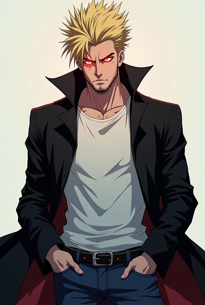 male character, spiky hair up, dark blonde. eerie glowing red eyes. a small beard. plain white shirt, Black jacke. blue jeans. anime dash