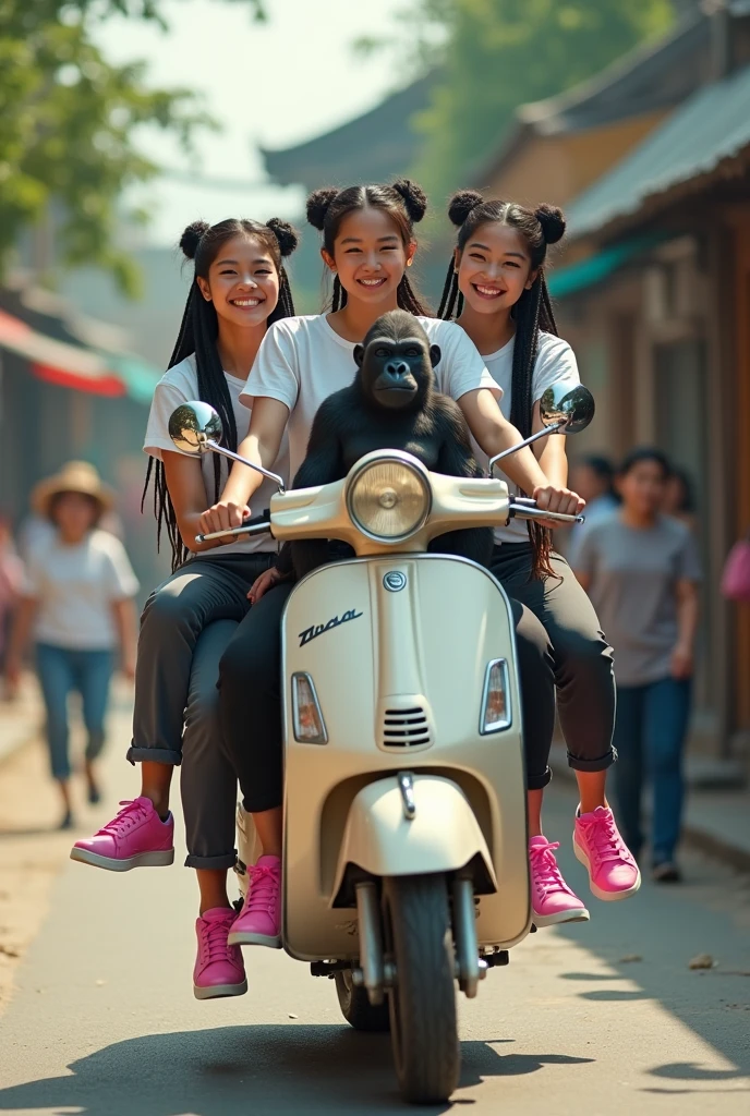 4 beautiful chinese women, white skin, long dreadlocks in a bun, wearing T-shirts, trousers, wearing pink sneakers, smiling faces, riding a Vespa pillion while carrying a gorilla in front, on a village road, busy with people, aestetic, minimally disabled, very detailed, realistic