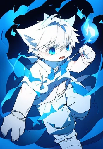 White male cat，Handsome Fengjun，White hair，blue eyes，White trousers，Black shirt，Cast red magic，Serious expression，Cast blue magic