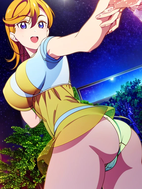 1 girl, light smile, shiny skin, highest quality, table top, (game CG:1.4), NSFW, detailed beautiful face and eyes,big breasts、small area see-through lingerie, sailor venus, I could feel the fight, Severe, cowboy shot、big and full breasts、full moon night、beautiful starry sky、((highest quality)), (Super detailed), very detailed, High resolution raw color photos, professional photography, ((beautiful big breasts)), wonderful face and eyes, (see through panties:1.2)、、big ass、looked back、Close up of cameltoe、from below