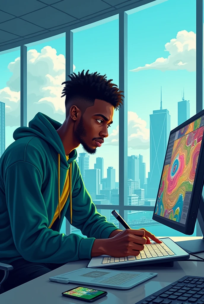 Draw a young African man dressed in blue and green using a graphics tablet while sitting in a glass office. 