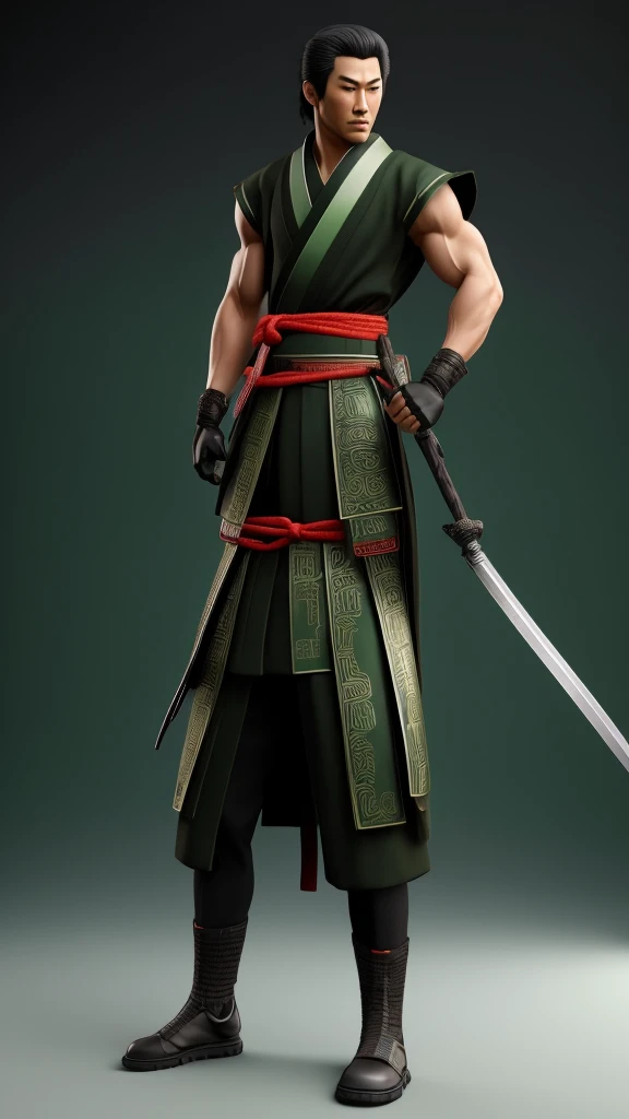 Create a realistic, high-resolution full-body image (8K or higher). The subject is a handsome Japanese man, age 25, with a tall and muscular build, balanced proportions, and a deep, chiseled face like someone of mixed heritage. He has sharp eyes and messy long hair. His attire can be a kimono, traditional Japanese armor, ninja outfit, or martial arts training gear. He can be barefoot, wearing boots, or sneakers. He wields either a katana, spear, tanto, kusarigama, meteor hammer, or nunchaku in one hand, or dual-wields them. The pose is dynamic and action-oriented. The background should be either a battlefield, Shibuya in 2024, or a green screen backdrop. Additionally, incorporate a setting with a futuristic vibe, cyberpunk atmosphere, Edo-period Japan, or Taisho-era Japan. It is essential to depict perfect details in the hands and fingers, arms, legs, head, and torso.