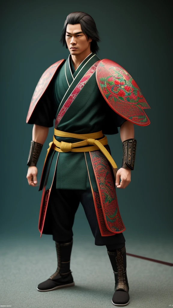 Create a realistic, high-resolution full-body image (8K or higher). The subject is a handsome Japanese man, age 25, with a tall and muscular build, balanced proportions, and a deep, chiseled face like someone of mixed heritage. He has sharp eyes and messy long hair. His attire can be a kimono, traditional Japanese armor, ninja outfit, or martial arts training gear. He can be barefoot, wearing boots, or sneakers. He wields either a katana, spear, tanto, kusarigama, meteor hammer, or nunchaku in one hand, or dual-wields them. The pose is dynamic and action-oriented. The background should be either a battlefield, Shibuya in 2024, or a green screen backdrop. Additionally, incorporate a setting with a futuristic vibe, cyberpunk atmosphere, Edo-period Japan, or Taisho-era Japan. It is essential to depict perfect details in the hands and fingers, arms, legs, head, and torso.