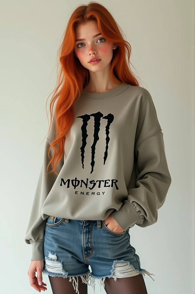 Girl 1.68 tall, with long hair that falls down the back, Red color, amateur skin, brown eyes, wearing a baggy sweatshirt with the Monster drink logo and blue jeans with cuts and tights, Medium breasts below the diver and slightly large thighs.